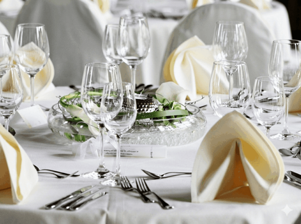 Festlich gedeckter Tisch mit Weingläsern, cremefarbenen Servietten und Blumenschmuck.