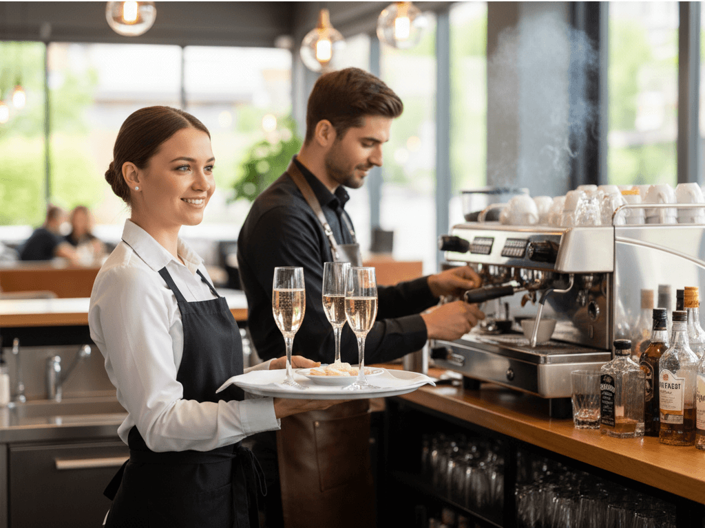 Service mit tablett und Sekt in der Hand