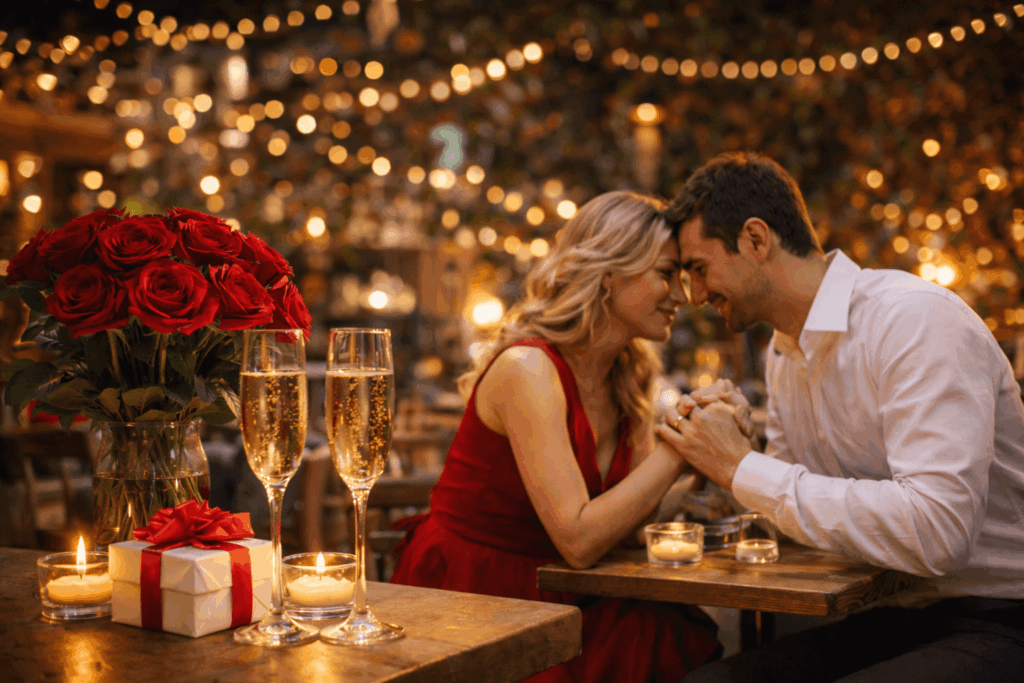 Intime Atmosphäre in einem Restaurant: Ein Paar sitzt sich an einem Holztisch gegenüber, warmes Kerzenlicht und dezente Lichter schaffen eine ruhige, romantische Stimmung.